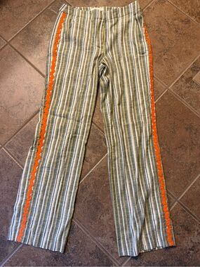 Etcetera Striped Pants in Green, Cream, Gray & Yellow with Orange Trim